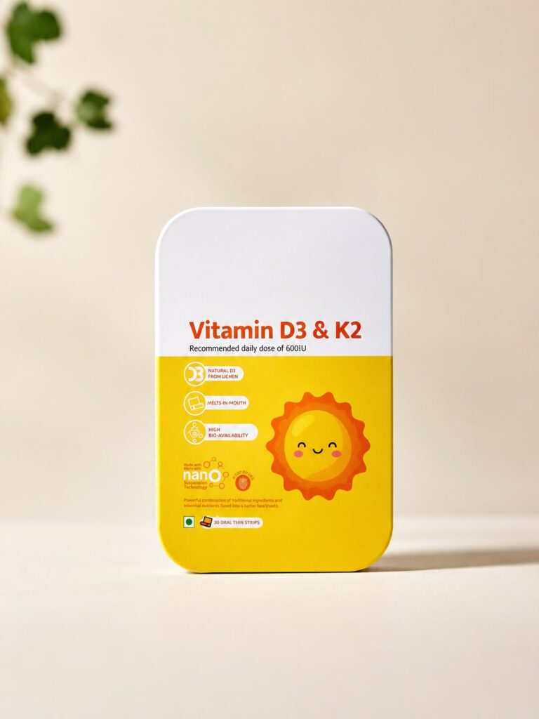 Qualmed Health Sciences Vitamin D3 and K2 oral thin film pack with 30 raspberry-flavoured strips